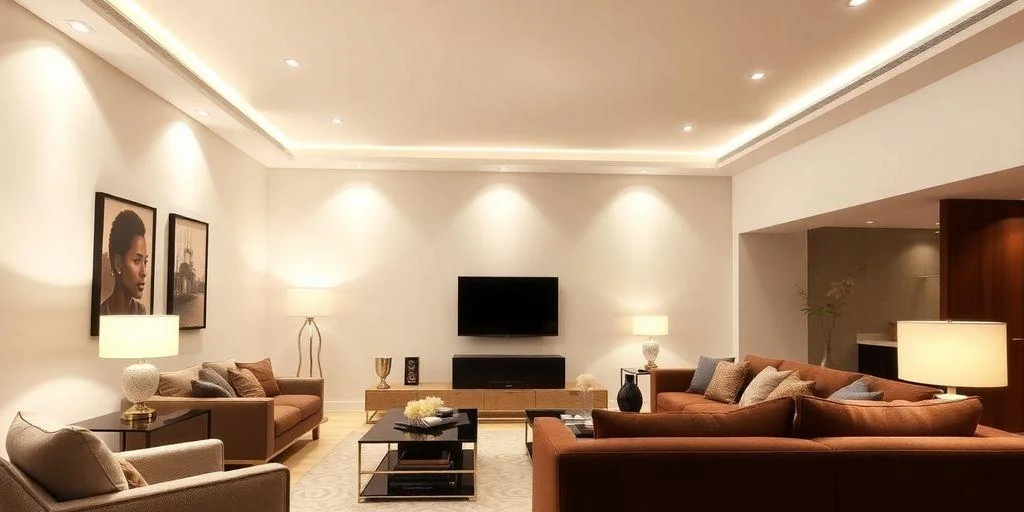 Living room ceiling with a dropped perimeter, recessed lighting and downlights